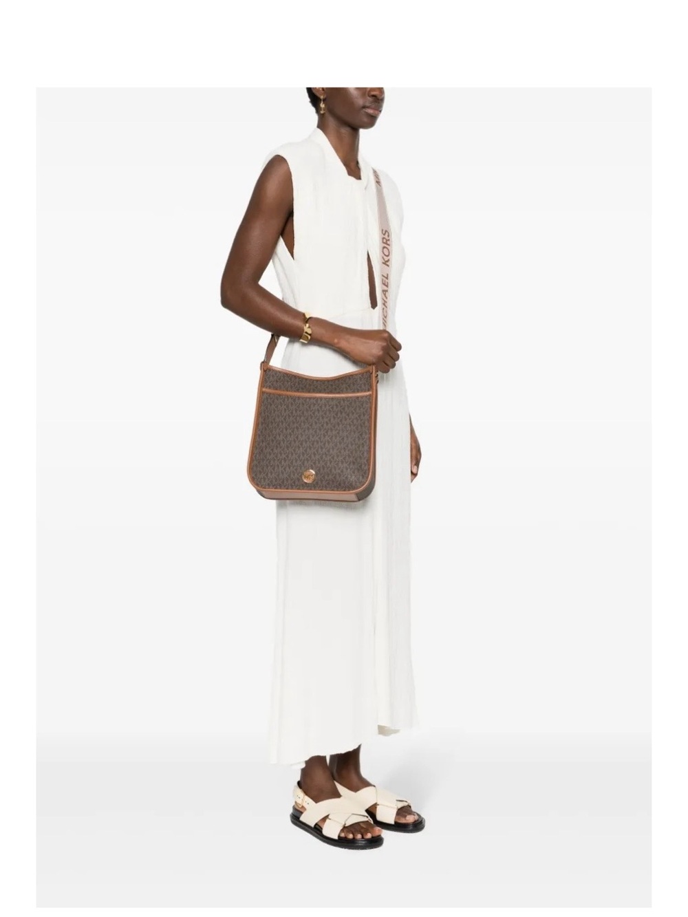 Michael Kors Brown Logo Crossbody with Tan Trim and Gold Accent